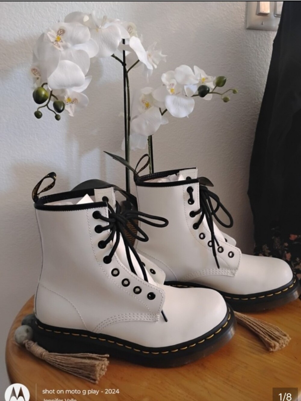 Dr. Martens White Leather Lace-Up Combat Boot with Black Trim